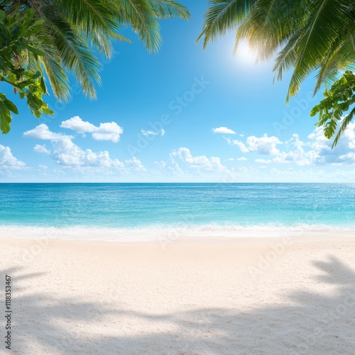 Tropical Beach with Palm Trees and Blue Sky