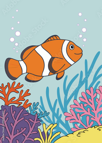 "A bright orange clownfish swimming among colorful coral reefs, with bubbles rising around it, giving a fun, underwater adventure feel."