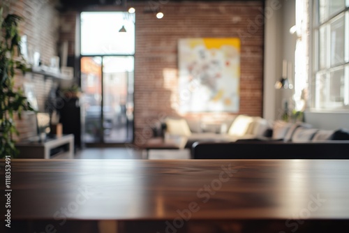 A living room with a wooden table and a brick wall. The table is empty and the room is well lit photo