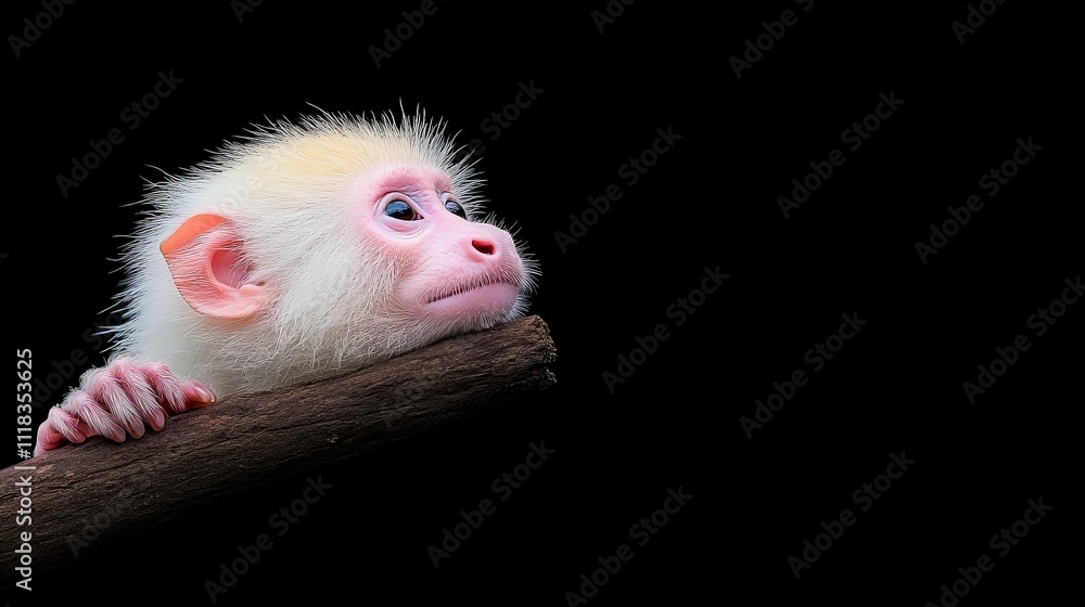 Curious Baby Monkey: A tiny, white monkey with big, curious eyes gazes intently at something off-camera, clinging to a weathered branch against a stark black background. Curious Baby Monkey: A tiny, white monkey with big, curious eyes gazes intently at something off-camera, clinging to a weathered branch against a stark black background.