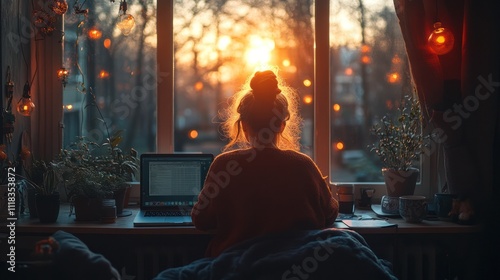 Wallpaper Mural Woman working on laptop at sunset. Torontodigital.ca