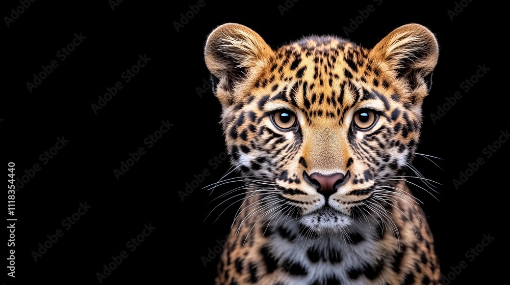 Leopard Portrait: A close-up portrait of a young leopard, its piercing gaze and majestic spots captured against a dramatic black backdrop. This image evokes a sense of wild beauty, strength. Leopard Portrait: A close-up portrait of a young leopard, its piercing gaze and majestic spots captured against a dramatic black backdrop. This image evokes a sense of wild beauty, strength.
