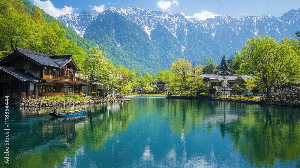 Fototapeta premium Serene Mountain Village Lakeside Scene With Boat