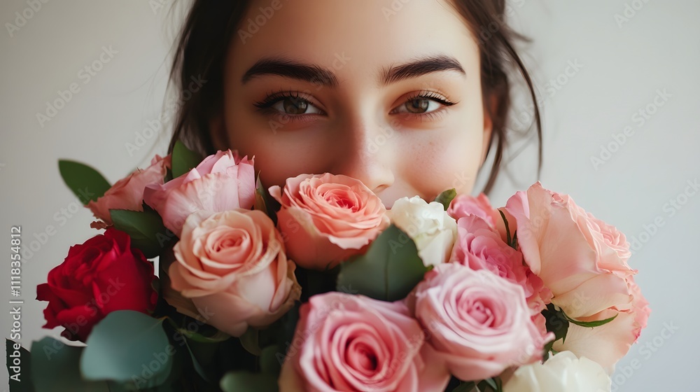 Beautiful white girl with flowers. Stunning brunette girl with big bouquet flowers of roses Beautiful white girl with flowers. Stunning brunette girl with big bouquet flowers of roses