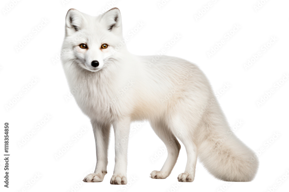 Fototapeta premium White fox standing alert with its fur glistening, capturing its keen gaze and detailed texture, isolated on white background