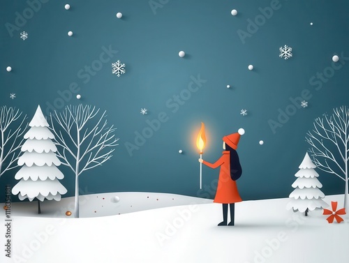 Winter Solstice Solitude Concept, Snowy winter solstice celebration, a single person lighting a torch to honor the changing season, surrounded by peace photo