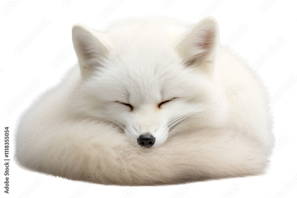 White fox curled up in a relaxed position, displaying its soft and voluminous fur, isolated on white background White fox curled up in a relaxed position, displaying its soft and voluminous fur, isolated on white background
