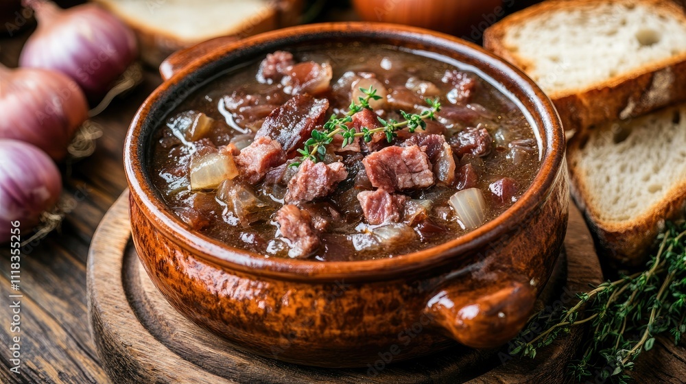 Hearty Meat Stew in Rustic Bowl with Fresh Bread and Ingredients Hearty Meat Stew in Rustic Bowl with Fresh Bread and Ingredients