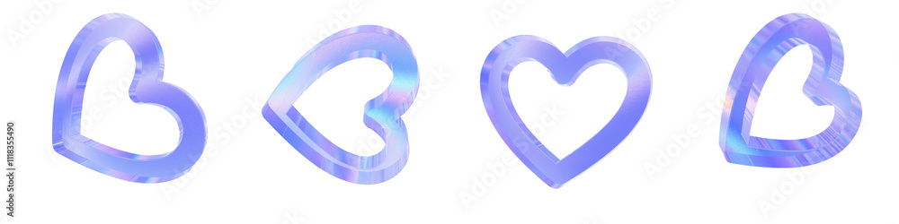 Set of 4 3d glass heart shape outer line with aberration effect isolated on a transparent background. Blue tone. 3d transparent elements for graphic design. Set of 4 3d glass heart shape outer line with aberration effect isolated on a transparent background. Blue tone. 3d transparent elements for graphic design.