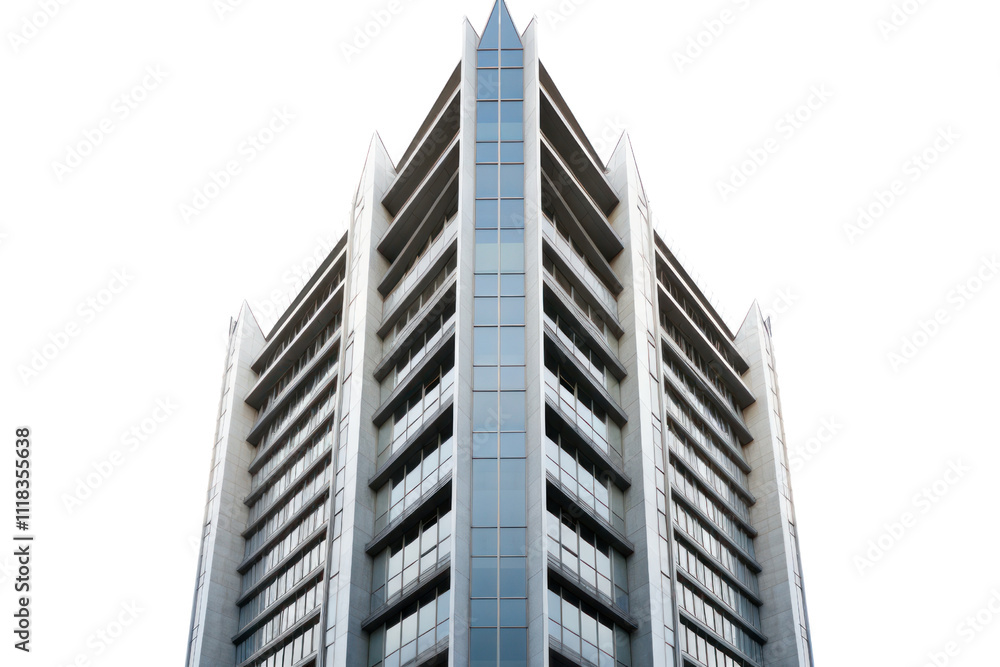Towering steel and concrete skyscraper with geometric patterns and a minimalist design, isolated on white background Towering steel and concrete skyscraper with geometric patterns and a minimalist design, isolated on white background