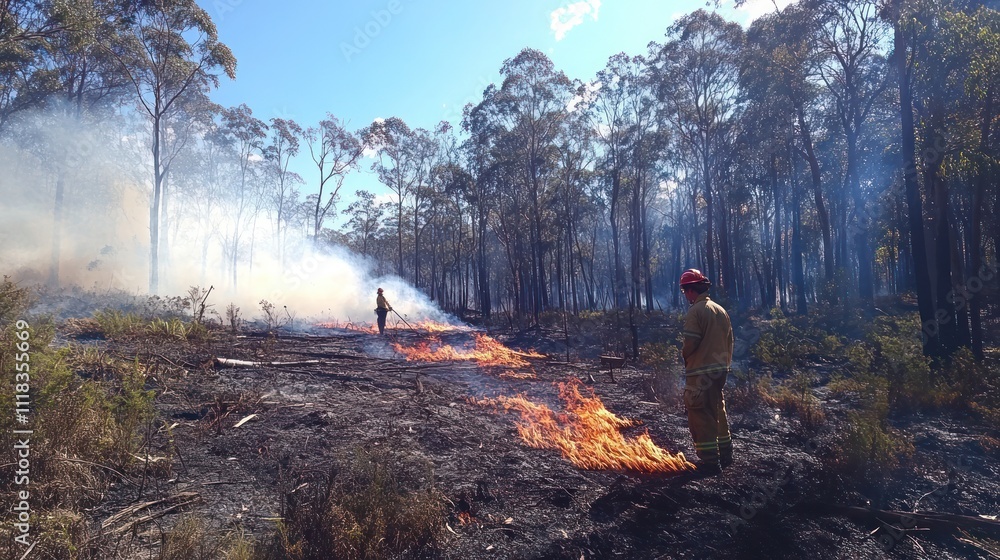 Firefighters battling a wildfire in a forest. Firefighters battling a wildfire in a forest.