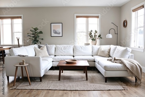 Scandinavian living room with white sectional sofa and wooden accents 