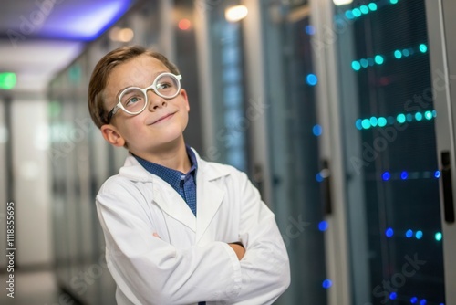 Young caucasian male child in glasses wearing lab coat in a data center. photo