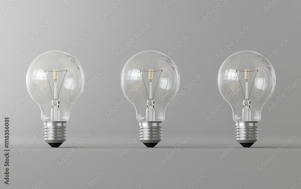 Three light bulbs are lit up and are on a grey background Three light bulbs are lit up and are on a grey background
