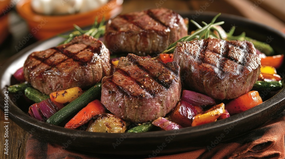 Grilled Steak Medallions Served with Colorful Vegetable Medley Grilled Steak Medallions Served with Colorful Vegetable Medley
