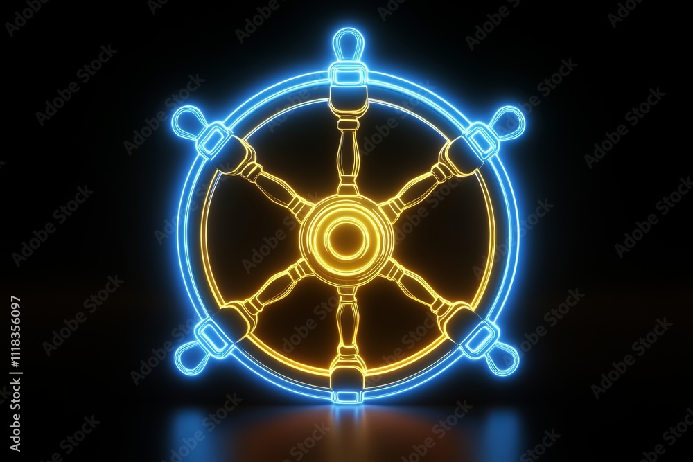 Glowing Neon Ship Steering Wheel - Futuristic Navigation Design Glowing Neon Ship Steering Wheel - Futuristic Navigation Design