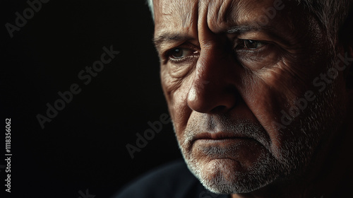 Elderly man with a sorrowful expression in dramatic lighting.