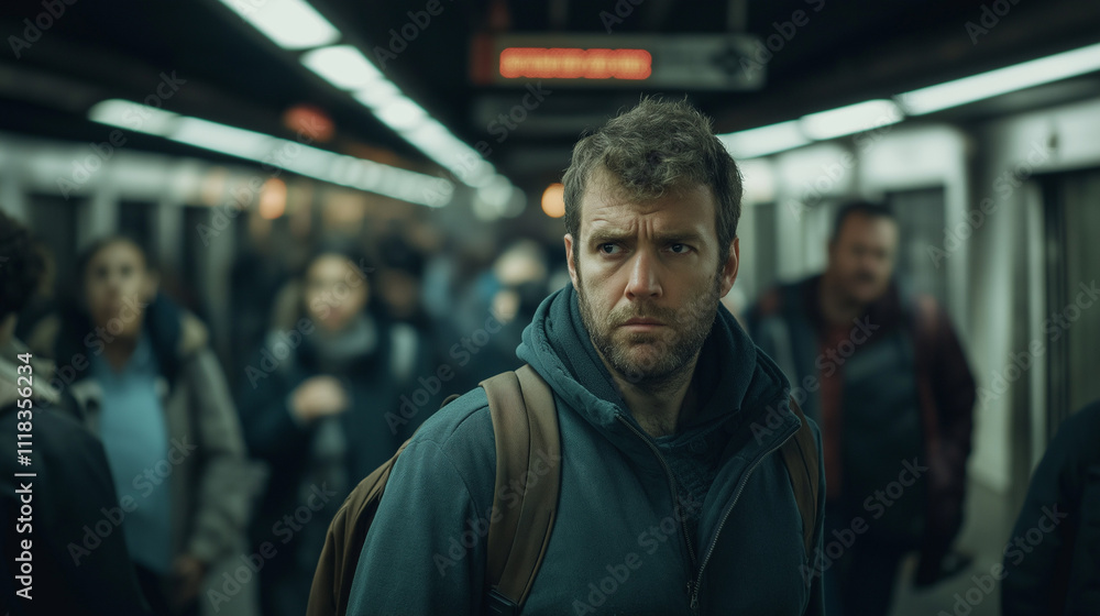 Man with a backpack looking somber in a busy subway station. Man with a backpack looking somber in a busy subway station.