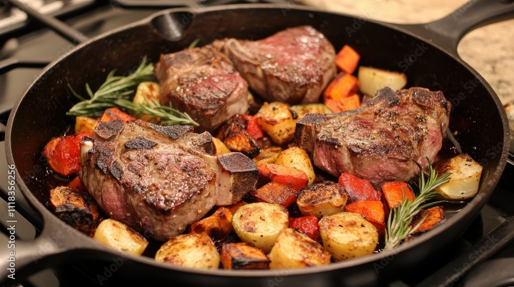 Juicy Lamb Chops with Roasted Vegetables in Cast Iron Skillet Juicy Lamb Chops with Roasted Vegetables in Cast Iron Skillet