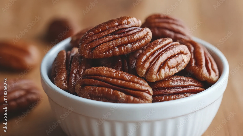 Fresh pecan nuts in white bowl on rustic wooden table, showcasing their rich texture and color. Perfect for healthy snacking or baking Fresh pecan nuts in white bowl on rustic wooden table, showcasing their rich texture and color. Perfect for healthy snacking or baking