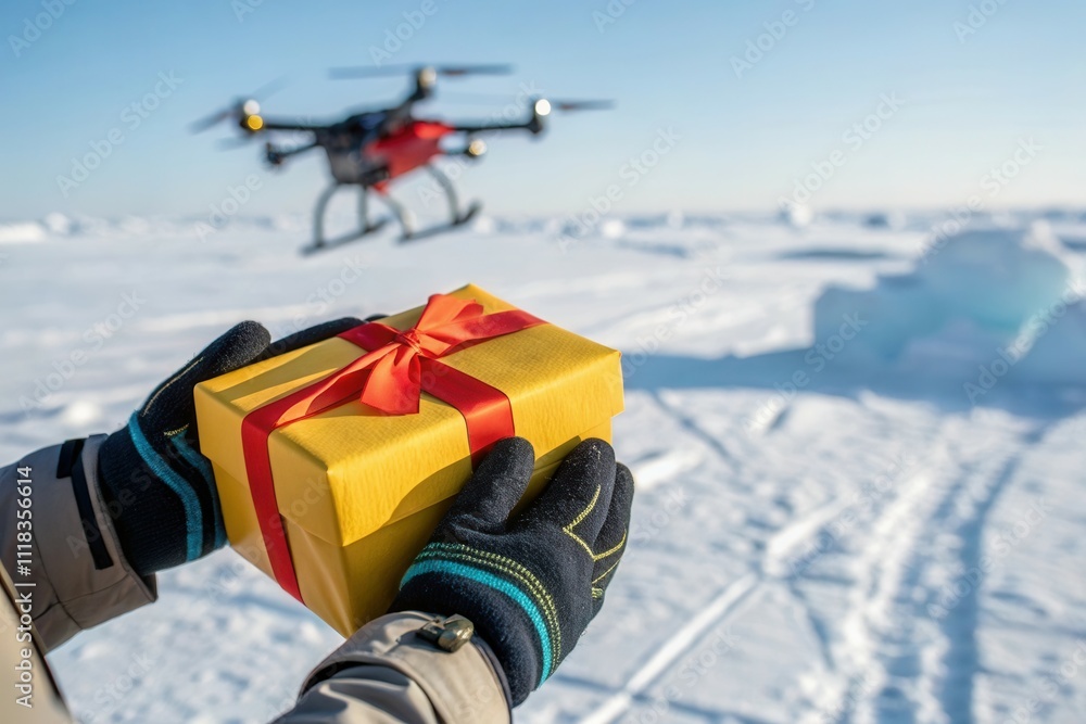 Fototapeta premium Drone delivery of gift box in snowy arctic landscape.
