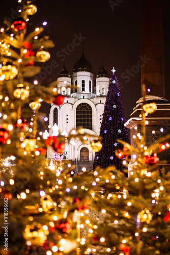 New Year tree on the central square in kaliningrad near the church.