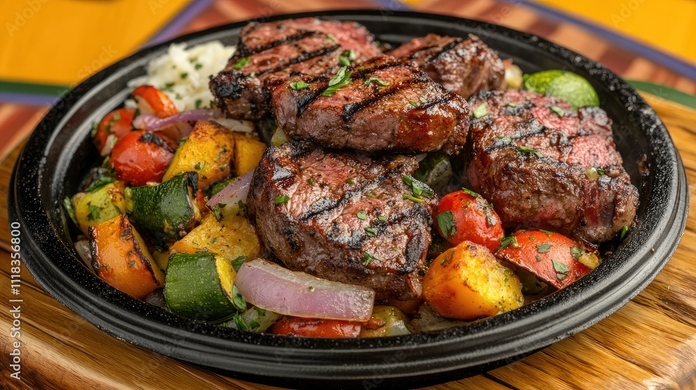 Grilled Steak with Colorful Vegetables on a Dark Plate Grilled Steak with Colorful Vegetables on a Dark Plate
