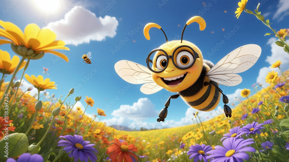 Vibrant Bee with Glasses Soaring Through a Sunny Meadow Vibrant Bee with Glasses Soaring Through a Sunny Meadow