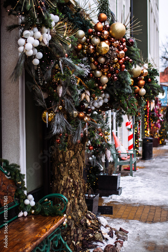 Decorated streets for the New Year and Christmas in Zelenogradsk at the Baltic sea.