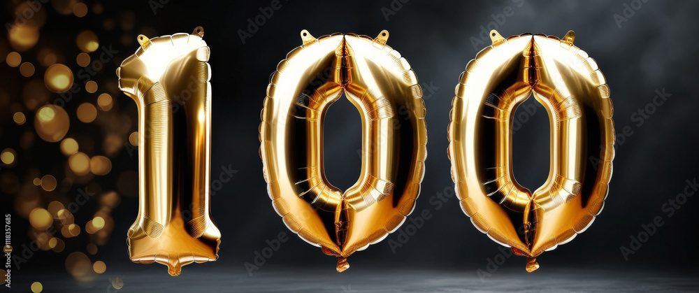 Golden foil number balloons 100 with elegant bokeh lights on a dark background. Narrow banner with golden digit one hundred. For party, anniversary, milestone event, subscribers, followers Golden foil number balloons 100 with elegant bokeh lights on a dark background. Narrow banner with golden digit one hundred. For party, anniversary, milestone event, subscribers, followers
