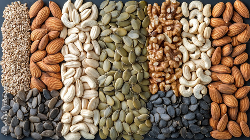colorful assortment of various nuts and seeds arranged neatly, showcasing almonds, cashews, walnuts, pumpkin seeds, and sunflower seeds, perfect for healthy snacking