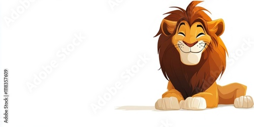 Happy cartoon lion cub laying down on white background. photo