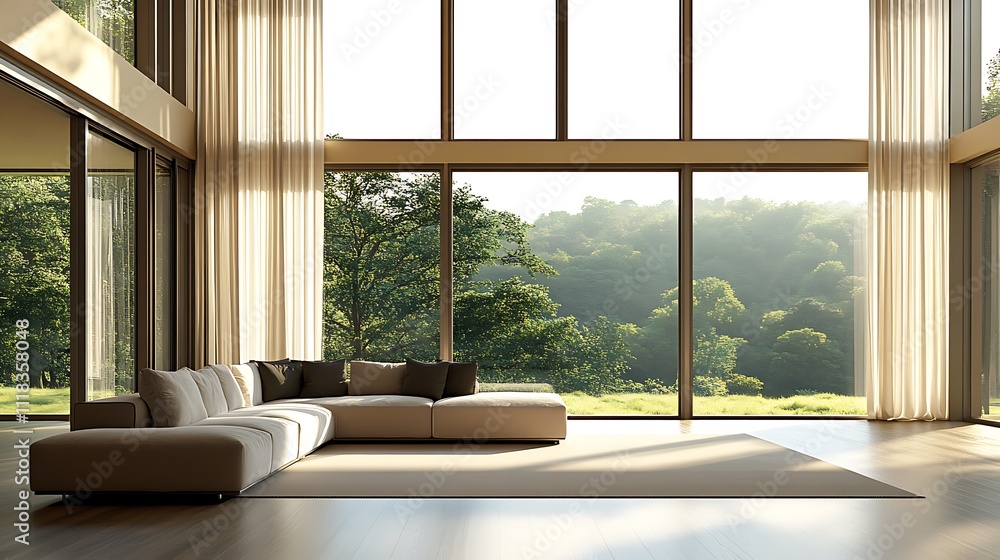 Fototapeta premium Modern living room with large windows overlooking a scenic landscape.