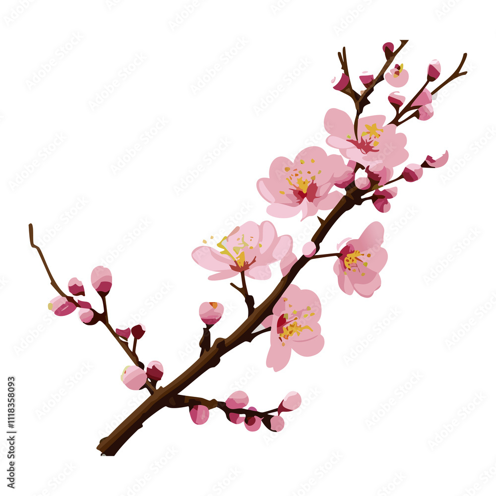 Delicate Pink Cherry Blossom Branch with Flowers and Buds – Elegant Floral Illustration Delicate Pink Cherry Blossom Branch with Flowers and Buds – Elegant Floral Illustration