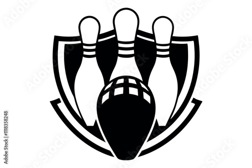 Bowling Theme Design Featuring Three Pins and a Ball in a Shield Format