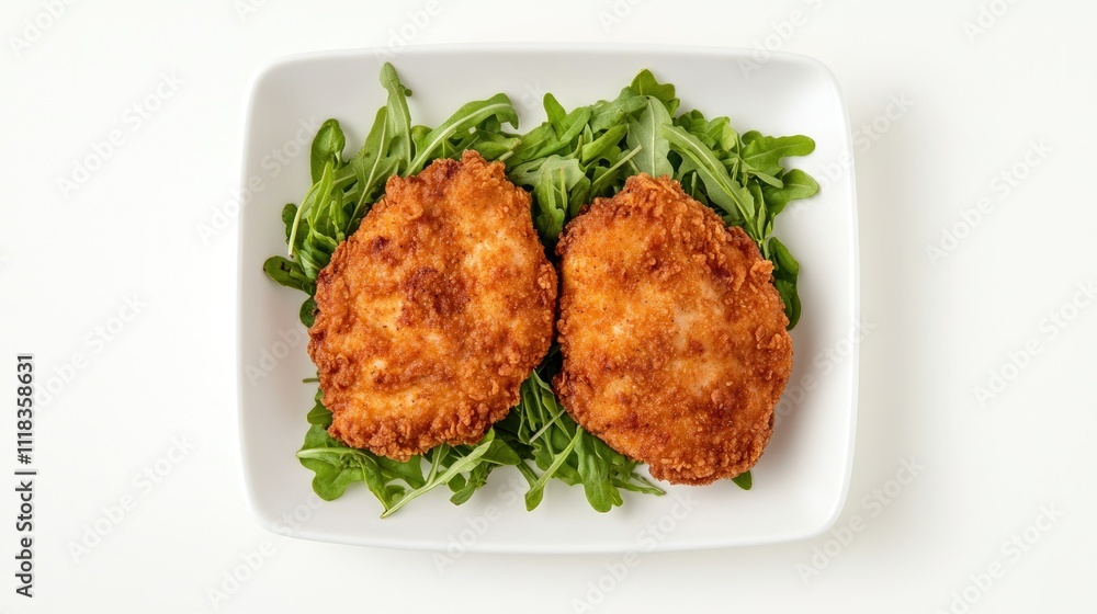 Crispy Breaded Chicken Fillets on Fresh Arugula Greens Crispy Breaded Chicken Fillets on Fresh Arugula Greens