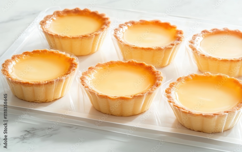 A tray of six yellow pastries with a clear plastic covering A tray of six yellow pastries with a clear plastic covering