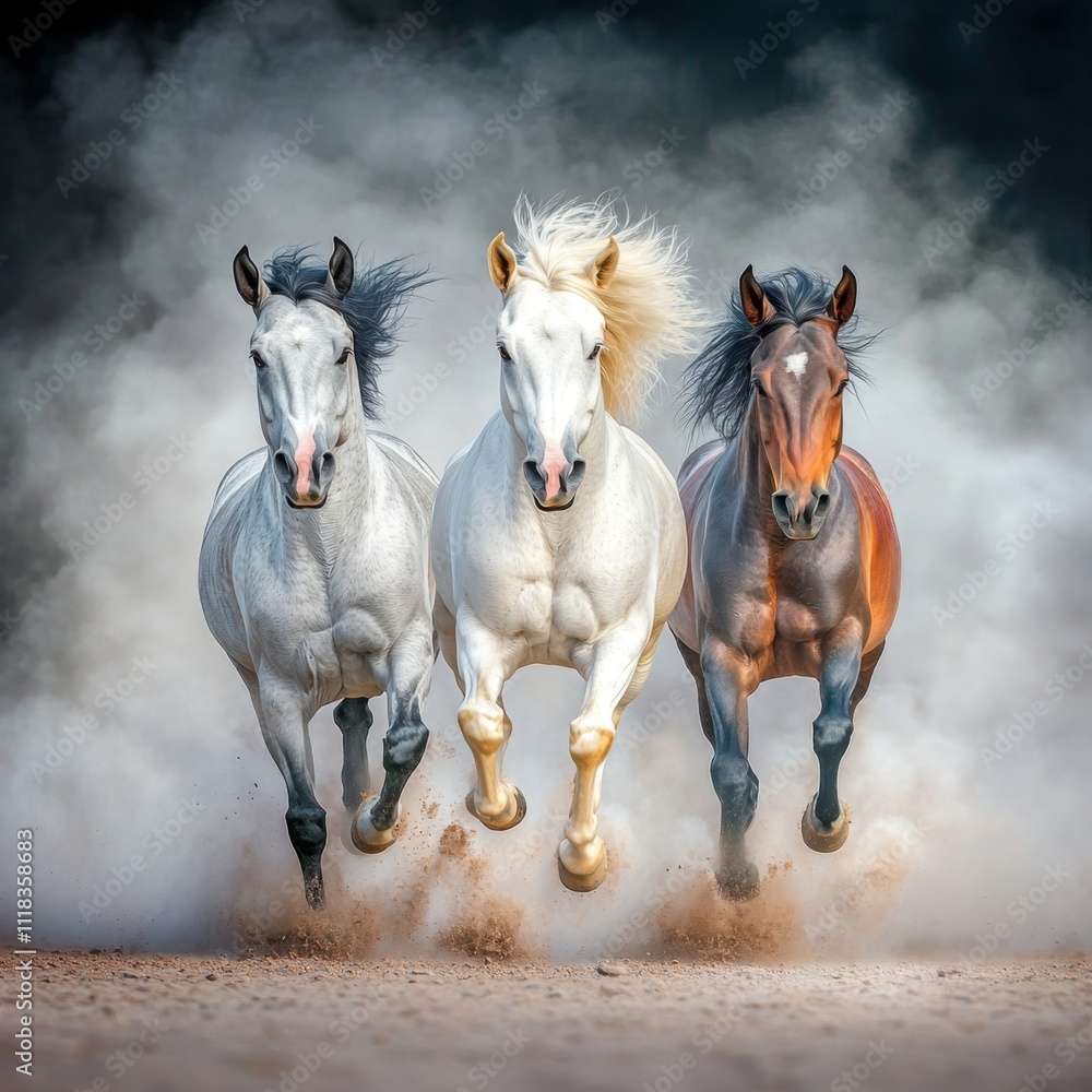 Fototapeta premium Three Horses Running in Dust Cloud Speed Power and Freedom