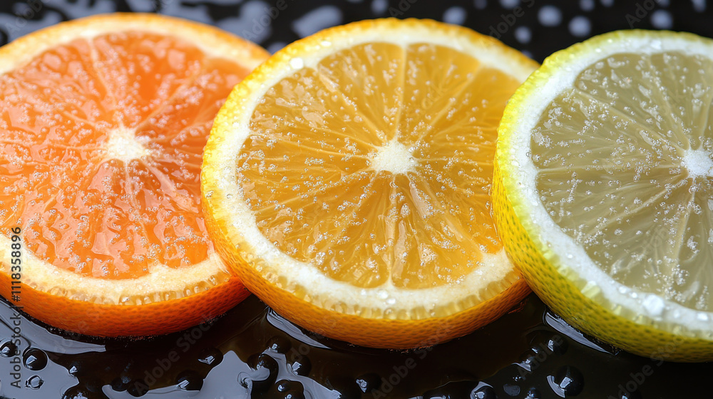 Fresh citrus slices including orange, lemon, and lime on dark surface, showcasing vibrant colors and textures. Perfect for food photography or healthy lifestyle themes Fresh citrus slices including orange, lemon, and lime on dark surface, showcasing vibrant colors and textures. Perfect for food photography or healthy lifestyle themes