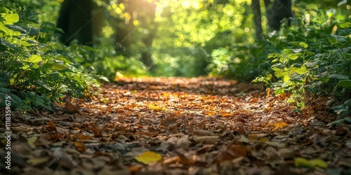 A close-up of a footpath covered in leaves and surrounded by lush greenery in a peaceful forest.