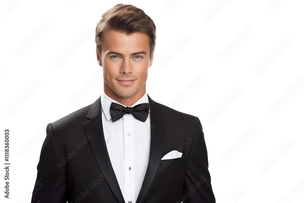 Handsome groom standing with a charming smile, showcasing his elegant tuxedo isolated on white background Handsome groom standing with a charming smile, showcasing his elegant tuxedo isolated on white background
