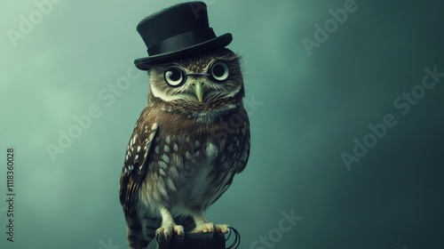 An owl wearing a tiny top hat stands proudly on a branch. Soft lighting creates a whimsical atmosphere, highlighting its captivating eyes and unique attire, embodying charm and personality