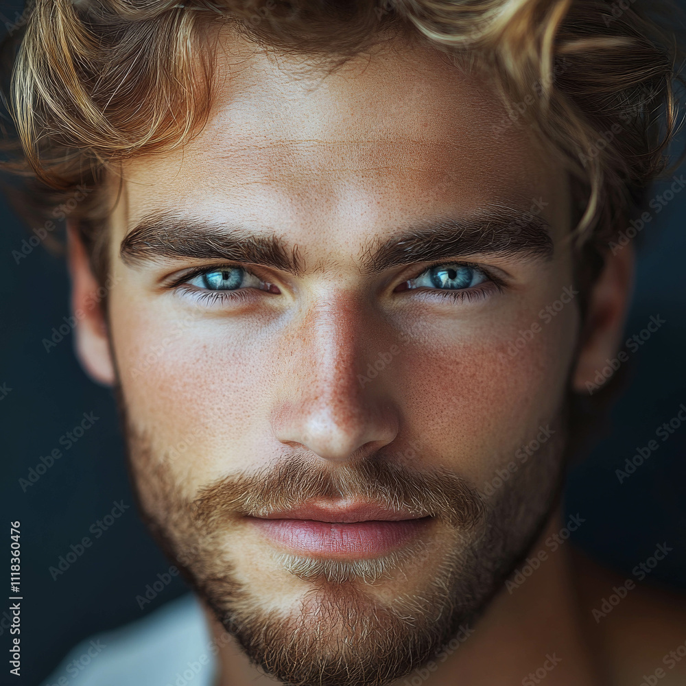 Fototapeta premium A handsome man with brown hair and blonde highlights, blue eyes, and a light beard stubble