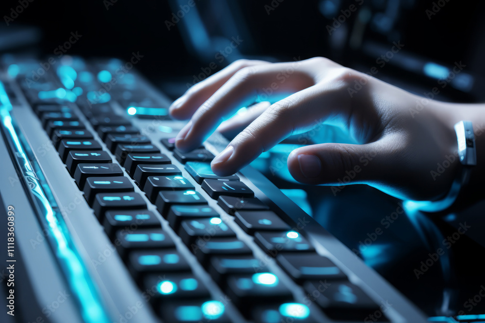 Attractive Robotic hand pressing a keyboard on a laptop 3D rendering