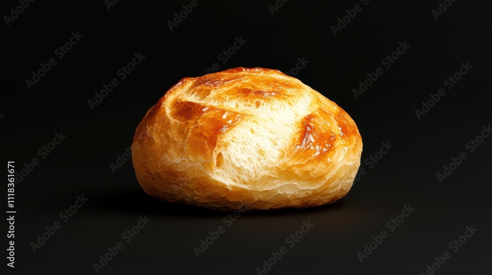 A small, round, golden brown pastry sits on a black background A small, round, golden brown pastry sits on a black background