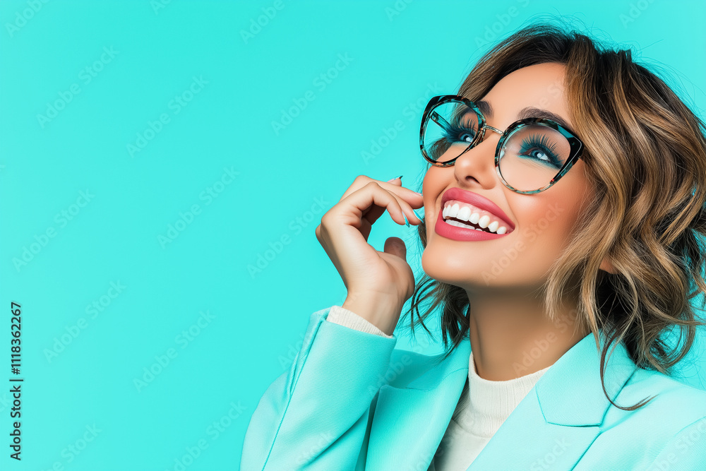 Smiling Businesswoman in Trendy Blue Suit with Eyeglasses Smiling Businesswoman in Trendy Blue Suit with Eyeglasses