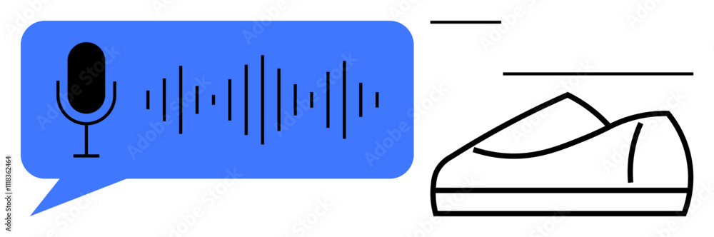 Microphone in blue speech bubble with audio wave and black outline sneaker. Ideal for podcasts, voice recognition, smart wearables, fitness tech, innovation in footwear, accessibility, speech Microphone in blue speech bubble with audio wave and black outline sneaker. Ideal for podcasts, voice recognition, smart wearables, fitness tech, innovation in footwear, accessibility, speech
