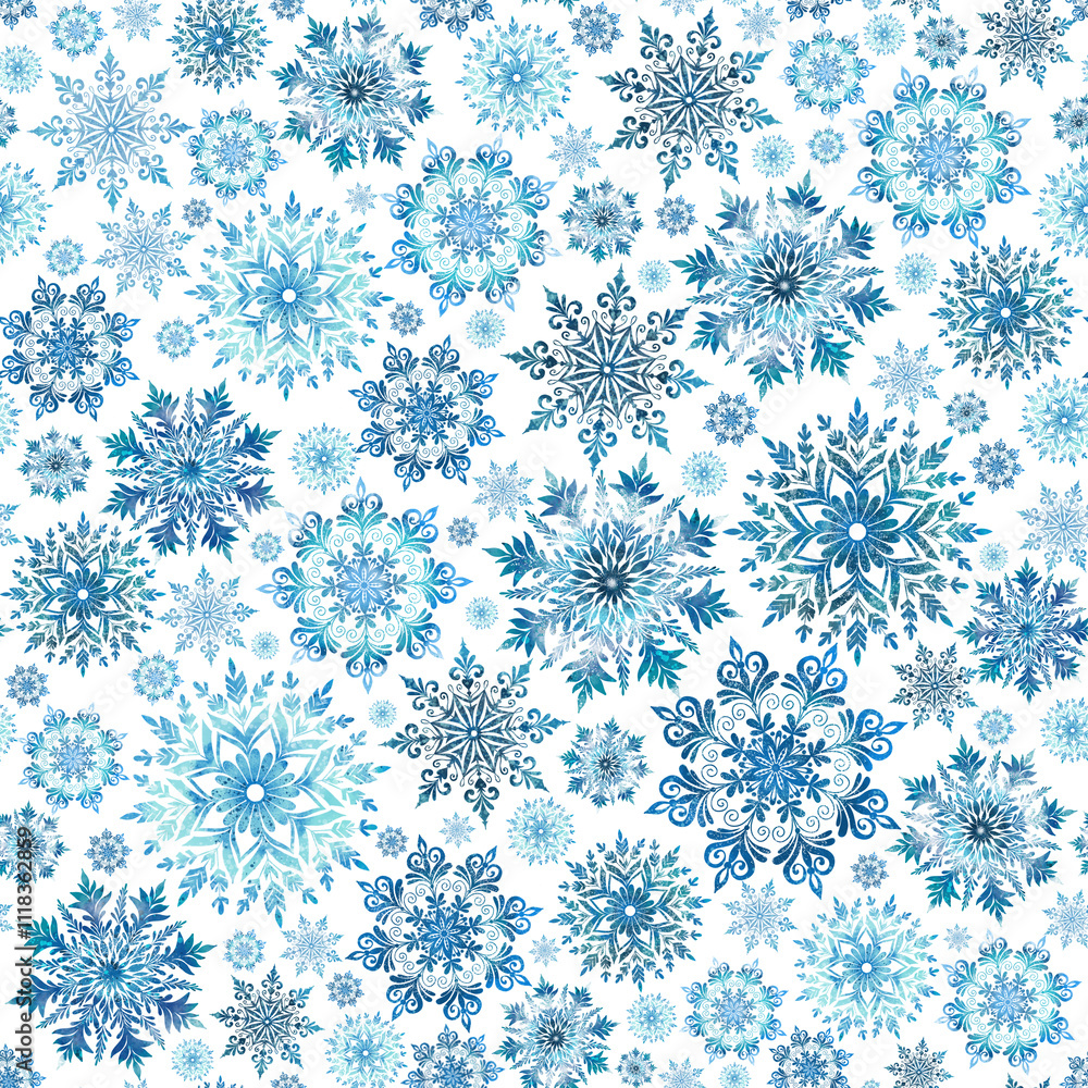 Seamless snowflake pattern on white background. Watercolor illustration in pastels, hand drawn. Design for packaging, greeting cards, textiles and print. Seamless snowflake pattern on white background. Watercolor illustration in pastels, hand drawn. Design for packaging, greeting cards, textiles and print.