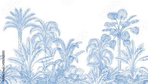 Toile tropical vintage botanical palm trees, banana tree, plants seamless border white background. Blue jungle mural.