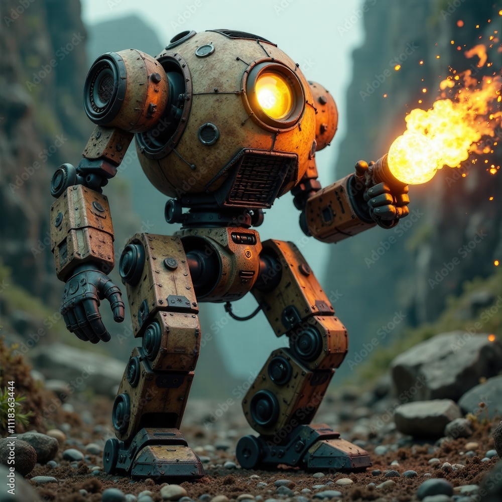 Steampunk Battle Robot with Flamethrower in a Rugged Landscape Steampunk Battle Robot with Flamethrower in a Rugged Landscape